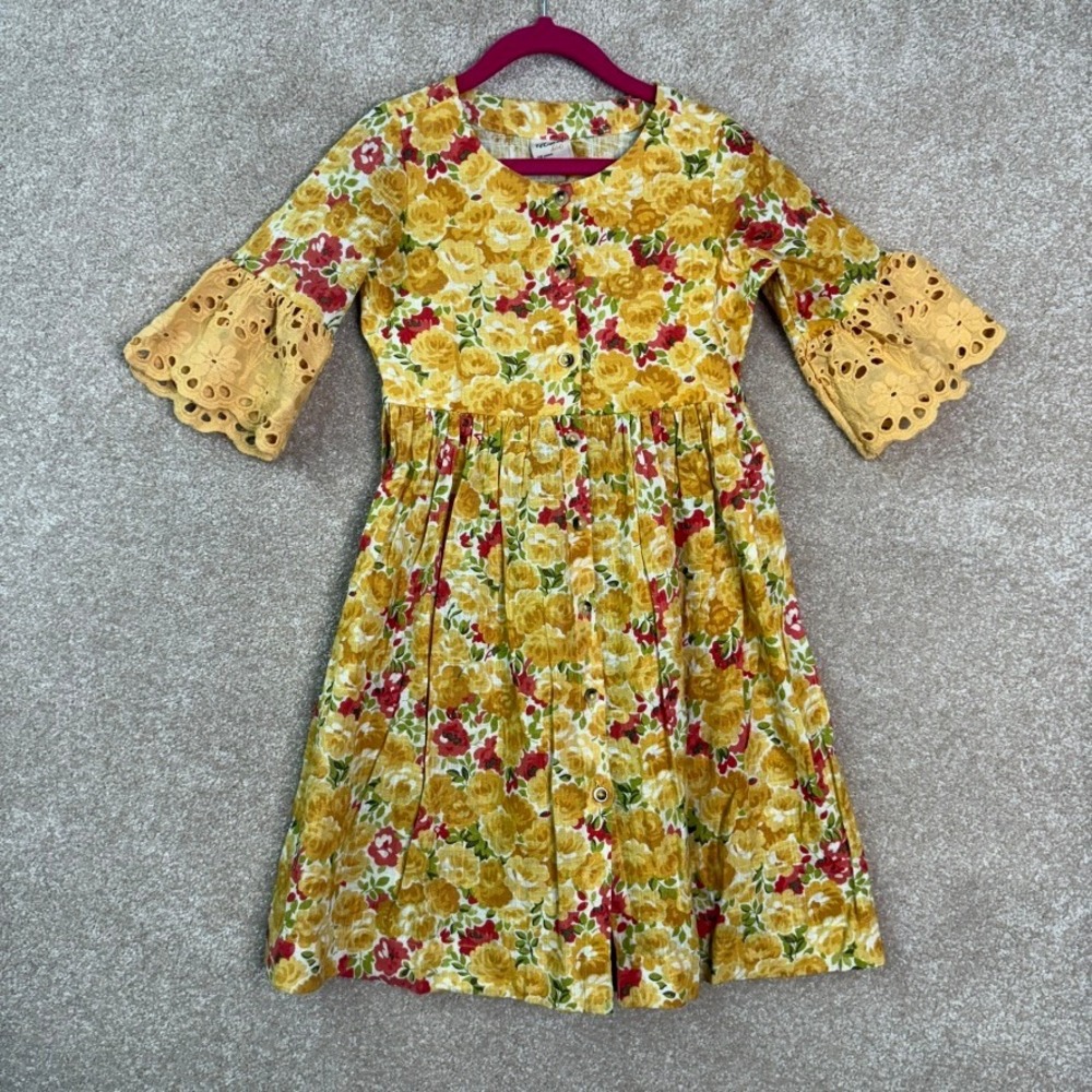 UTSA KIDS Dress Girls 7/8 Yellow Cotton Floral Boho Youth Kids